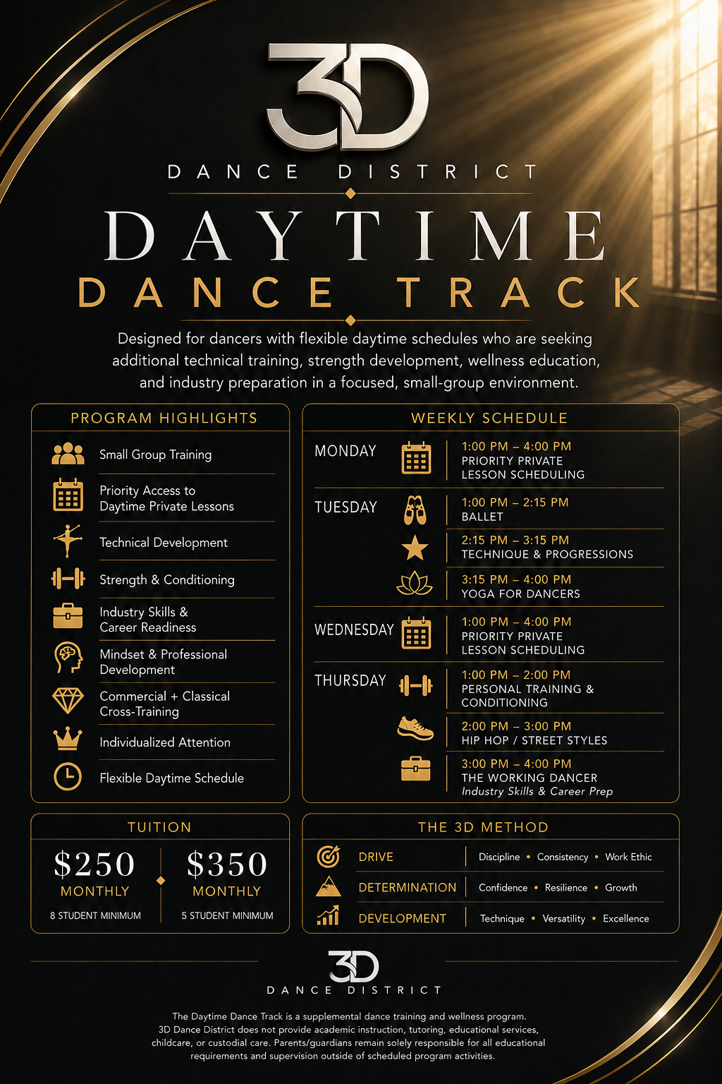 3D Dance District Daytime Dance Track schedule, program highlights, and monthly tuition